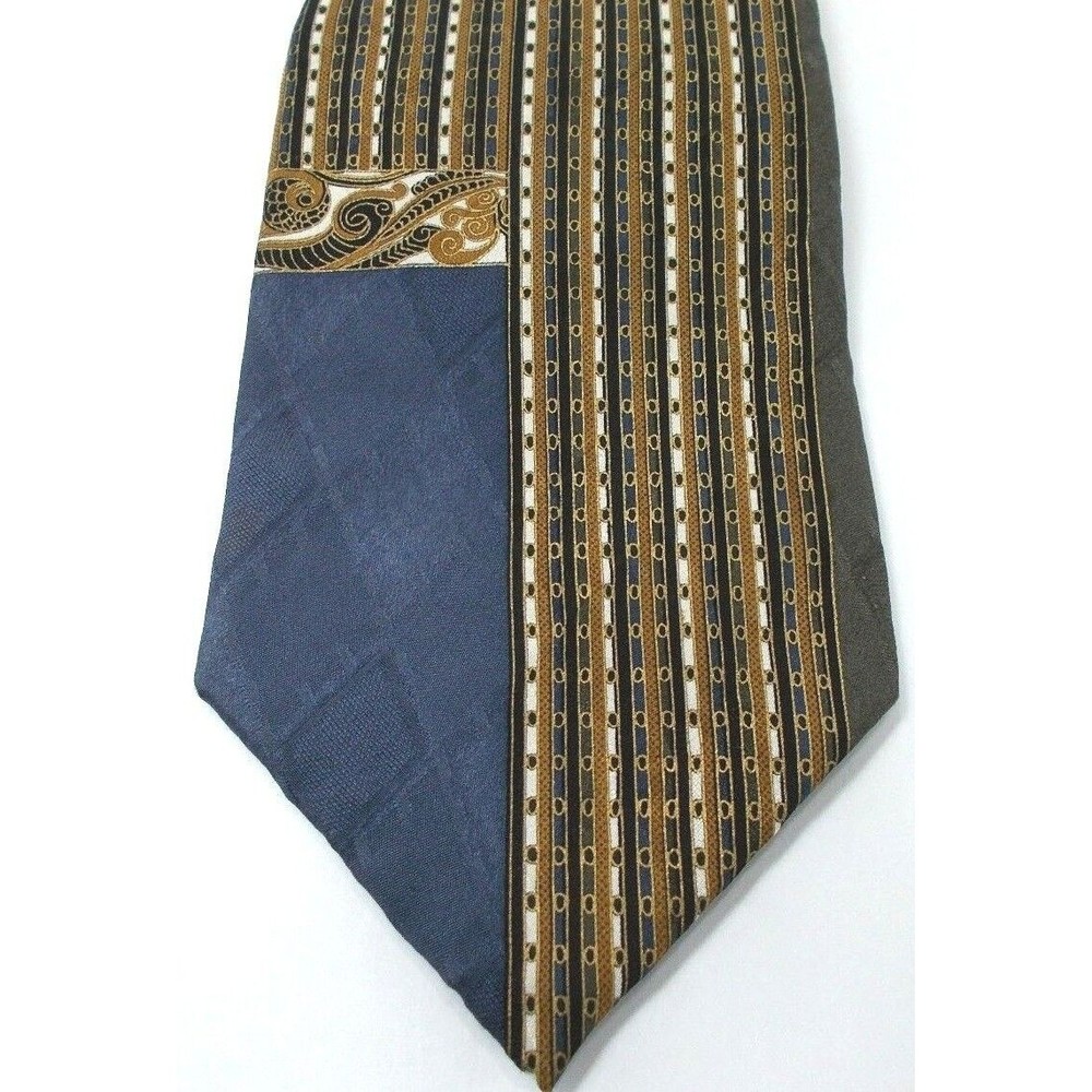 Prima Italy Mens Necktie Tie 100% Silk Blue Gold Brown Geometric Design